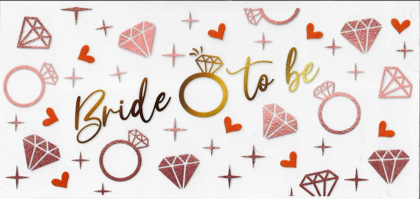 Decorative banner with 'Bride to be' text surrounded by diamond and ring illustrations.