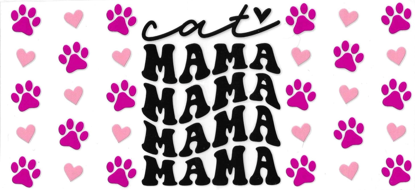 Text 'cat MAMA MAMA MAMA' with pink paw prints and hearts on a white background