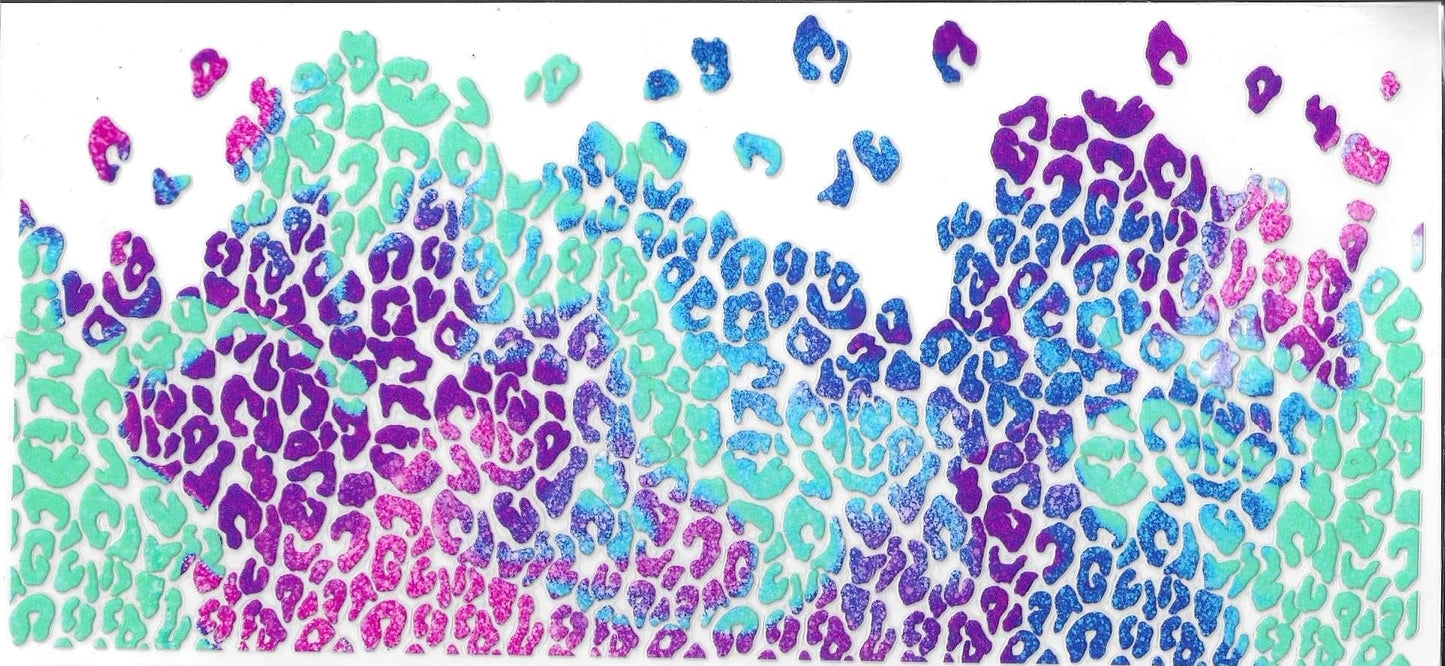 Gradient leopard print pattern transitioning from purple to blue on a white background