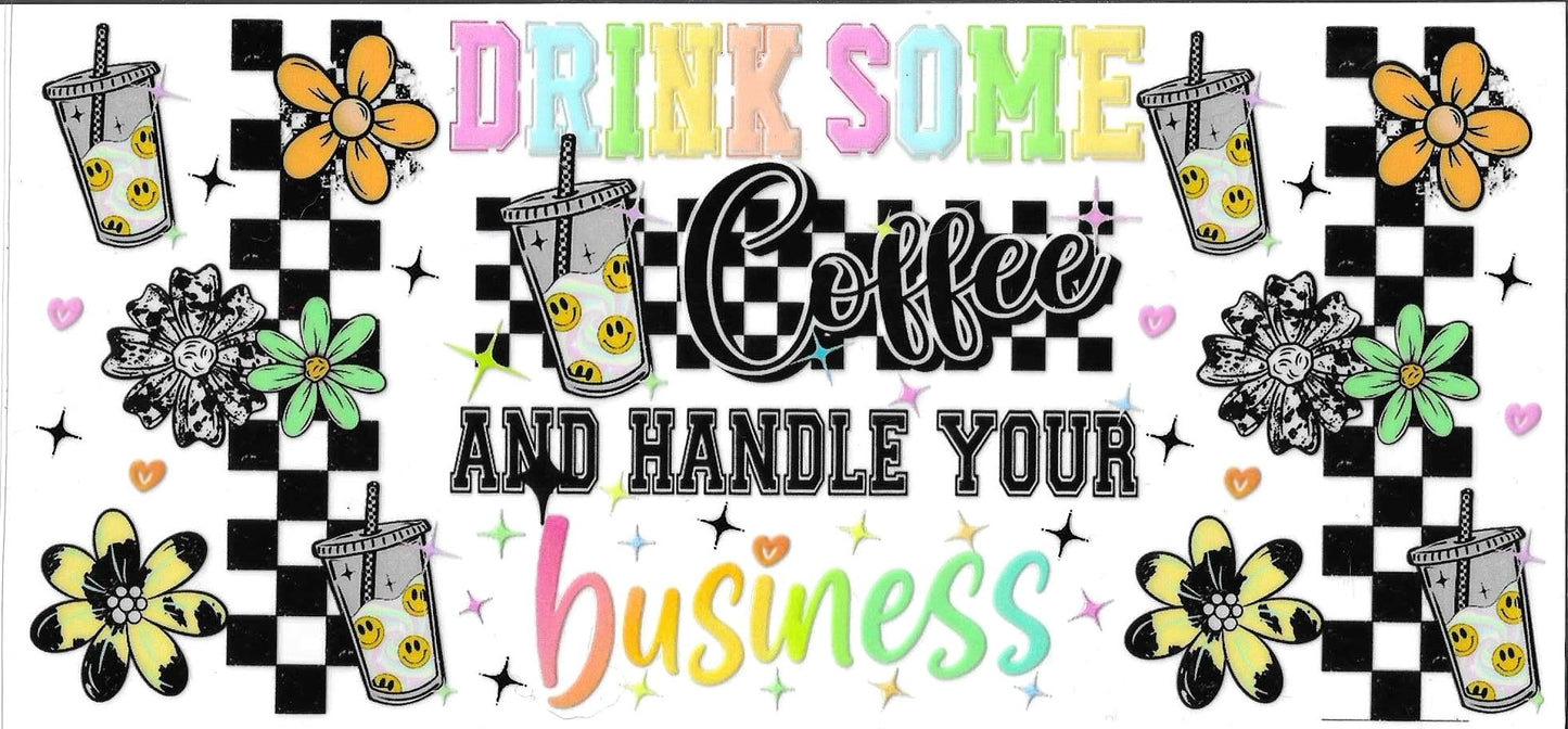Motivational quote with coffee cups and flowers on a checkered background