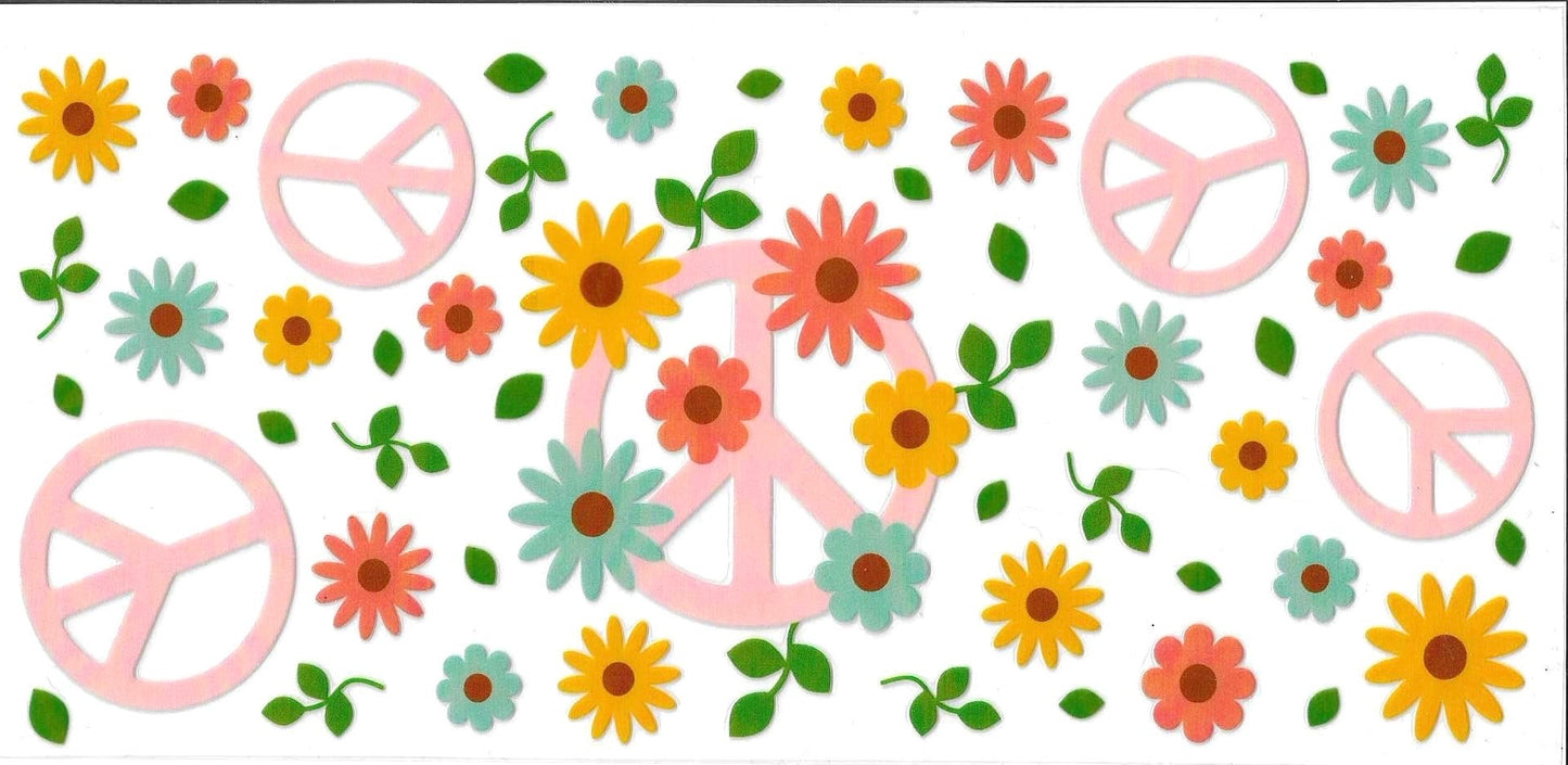 Pattern of peace symbols and flowers on a white background