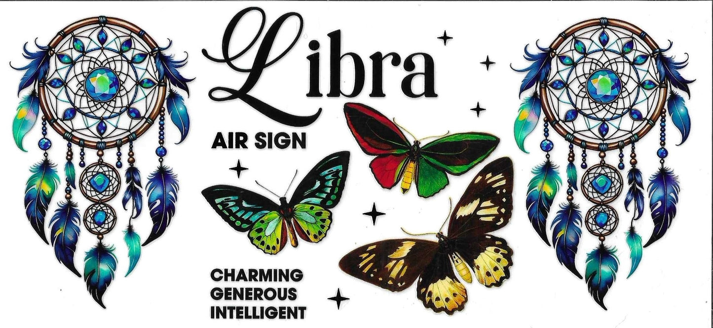 Libra zodiac sign with dreamcatchers and butterflies on a white background