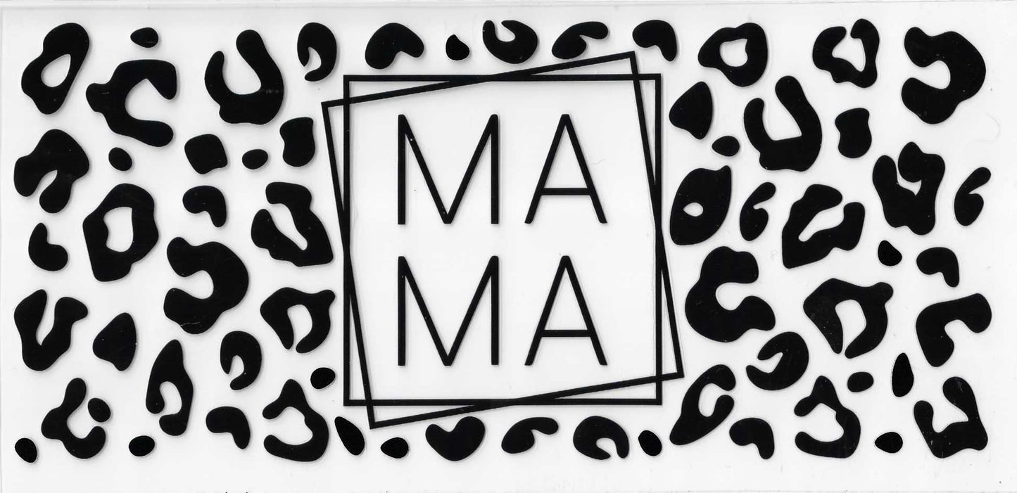 Leopard print pattern with 'MAMA' text in the center on a white background