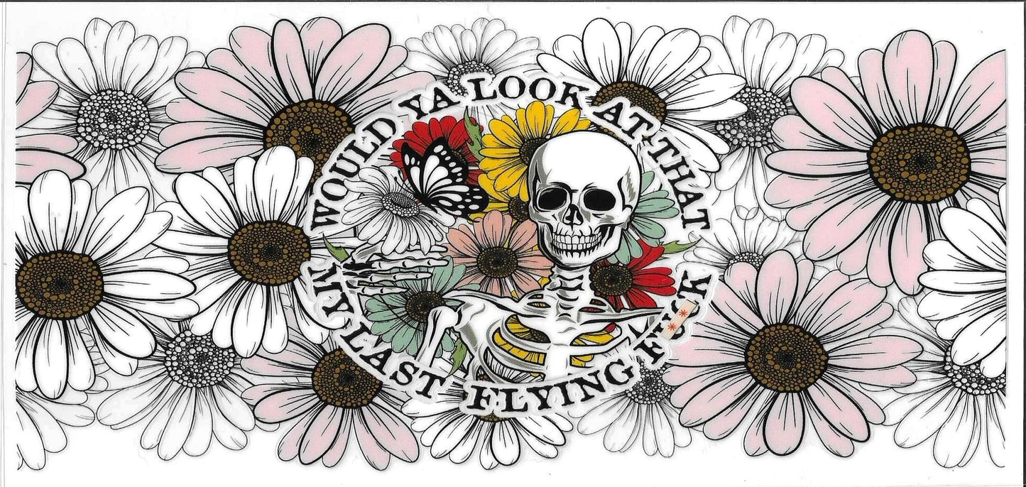 Skeletal design with flowers and text surrounded by daisies