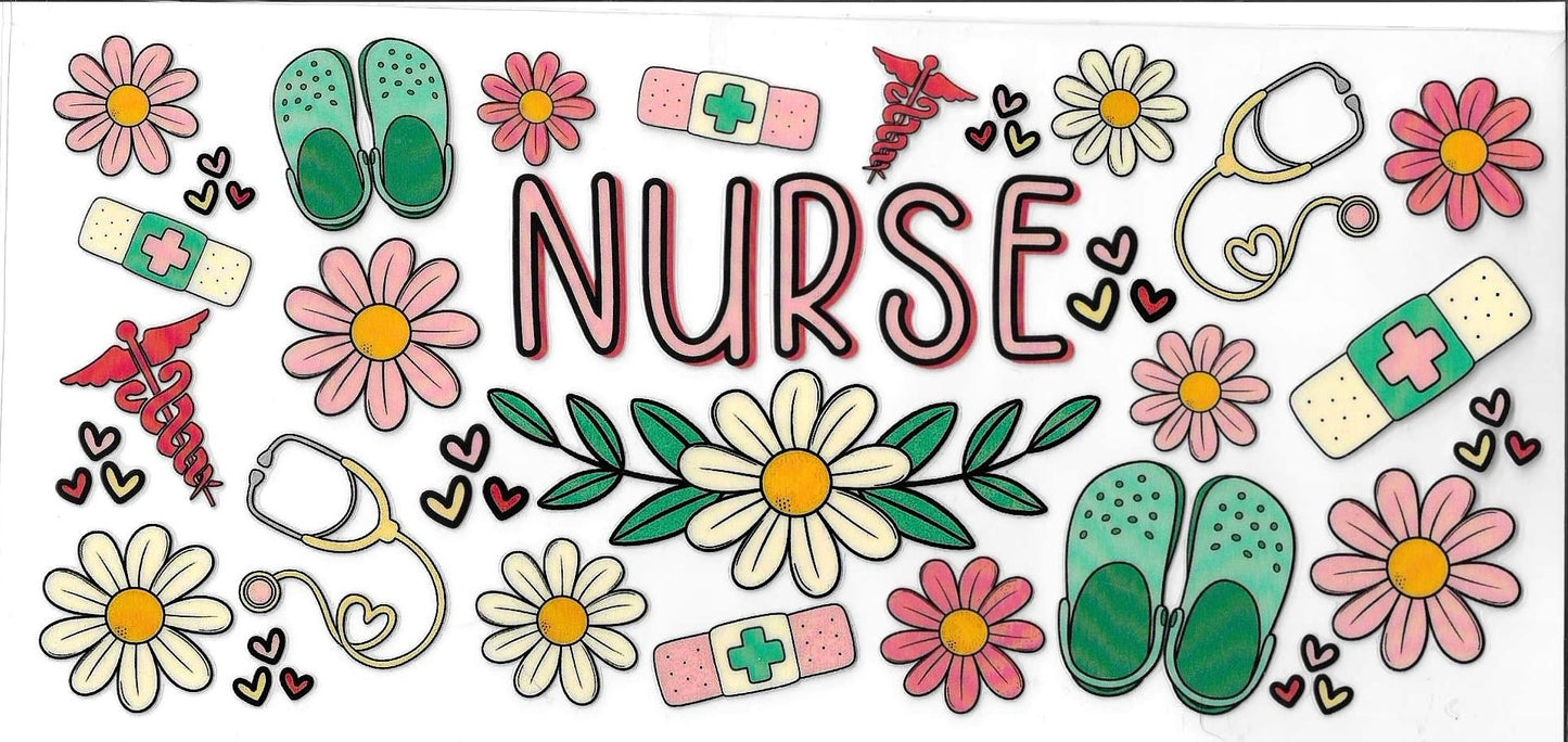 Decorative banner with 'NURSE' text surrounded by medical-themed illustrations and flowers.