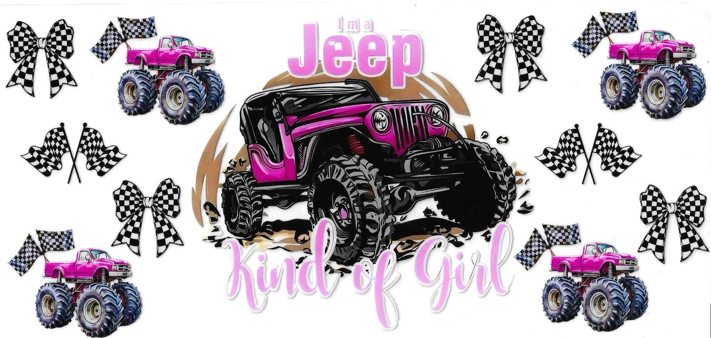 Pink and black monster truck design with text 'I'm a Jeep Kind of Girl' on a white background.
