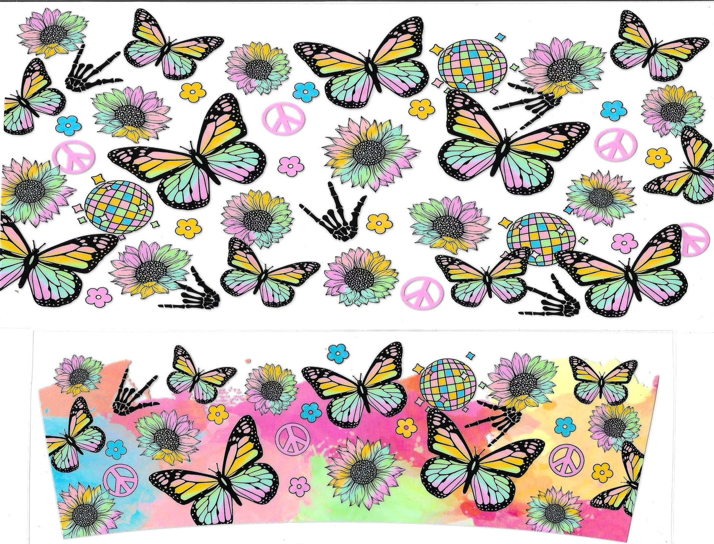 Colorful butterflies and flowers pattern on a white background