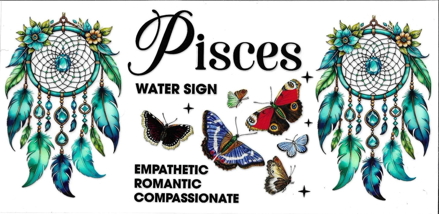 Pisces zodiac sign illustration with dreamcatchers, butterflies, and descriptive text on a white background.