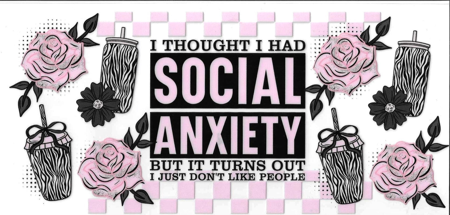Text graphic with social media icons and flowers on a pink and white checkered background.