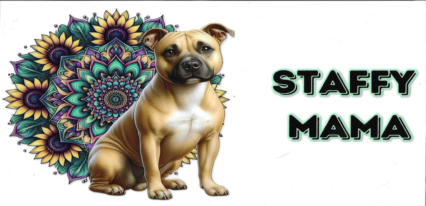 Pit bull dog with mandala design and 'Staffy Mama' text on a white background