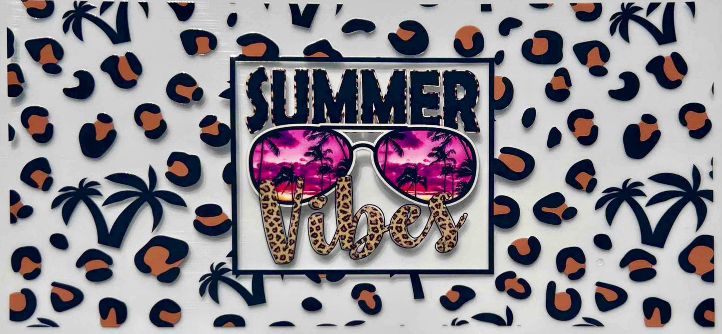 Decorative item with 'Summer Vibes' text and sunglasses design on a palm tree and cheetah print background.