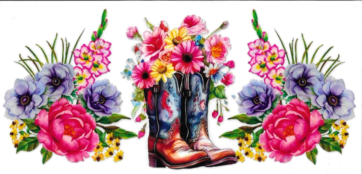 Colorful floral design with cowboy boots surrounded by flowers on a white background