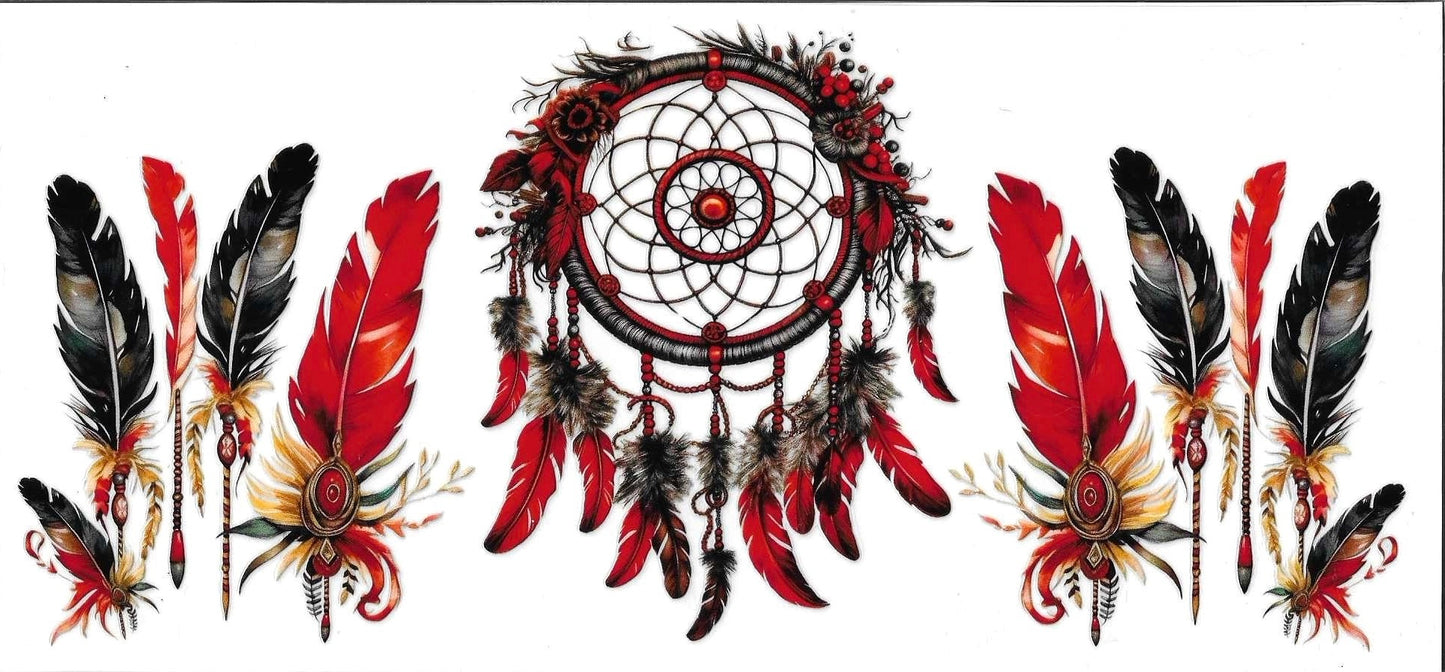 Decorative design with a central dreamcatcher and surrounding feathers on a white background