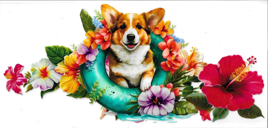 Corgi dog surrounded by colorful flowers on a white background