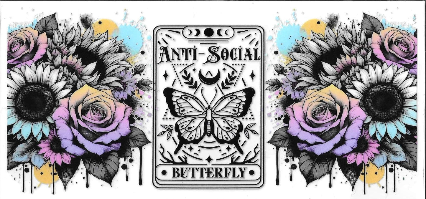 Card with butterfly design labeled 'Anti-Social Butterfly' surrounded by flowers