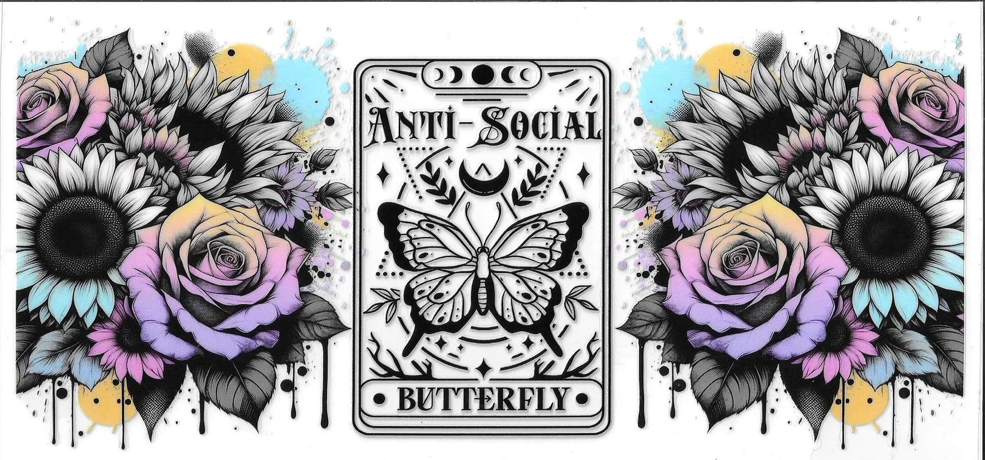 Card with butterfly design labeled 'Anti-Social Butterfly' surrounded by flowers