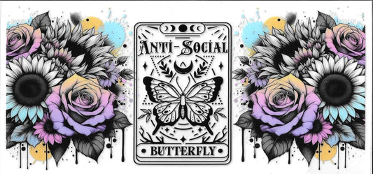 Card with butterfly design labeled 'Anti-Social Butterfly' surrounded by flowers
