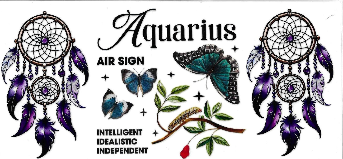 Aquarius zodiac sign design with dreamcatchers, butterflies, and nature elements on a white background.
