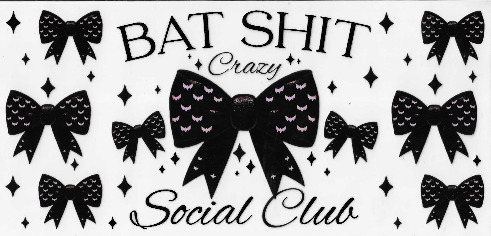 Decorative design with black bows and text on a white background