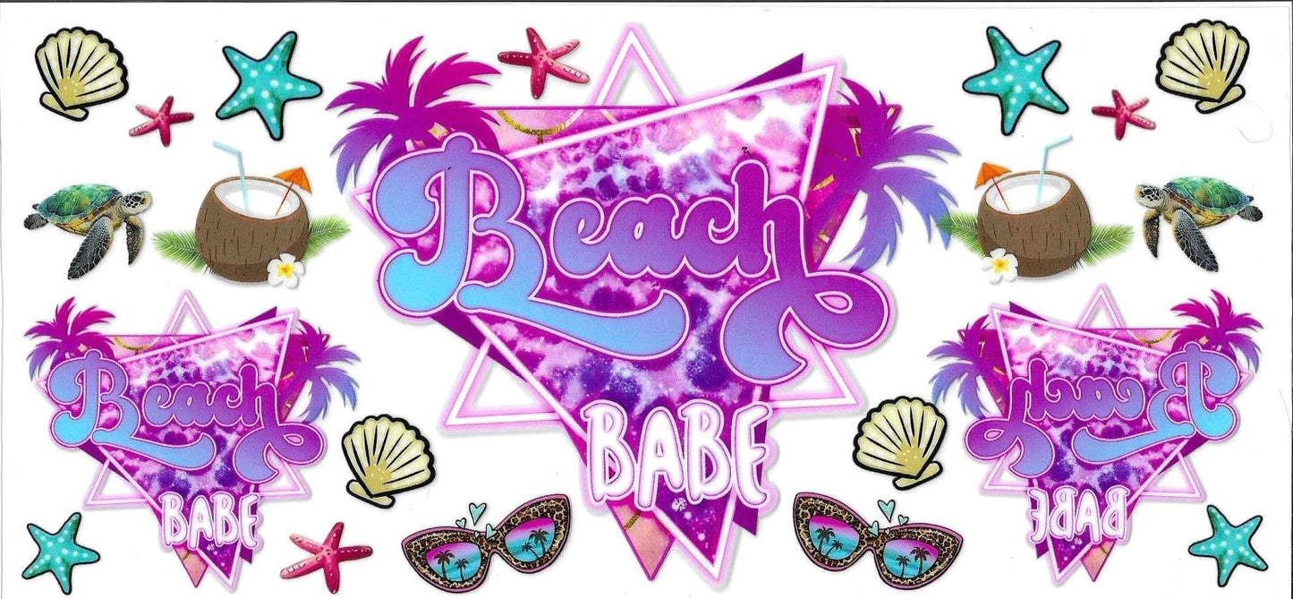 Decorative banner with 'Beach Babe' text and beach-themed graphics.
