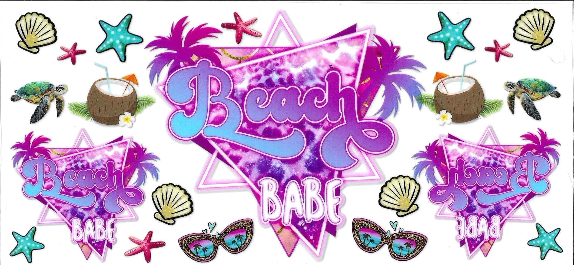 Decorative banner with 'Beach Babe' text and beach-themed graphics.