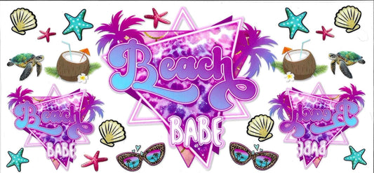 Decorative banner with 'Beach Babe' text and beach-themed graphics.