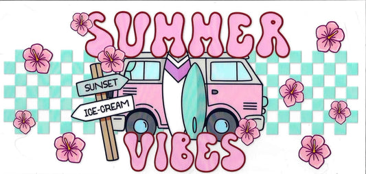 Cartoon truck with 'Summer Vibes' text and flowers on a checkered background