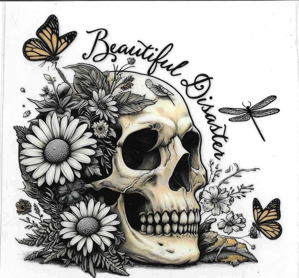Skull with flowers, butterflies, and dragonflies on a white background with 'Beautiful Disaster' text.