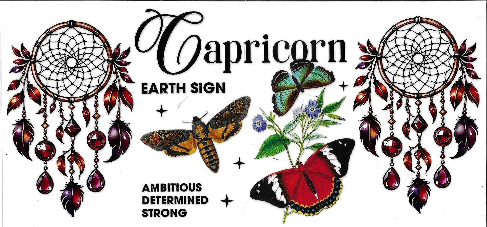 Capricorn zodiac sign illustration with dreamcatchers, butterflies, and plants on a white background.