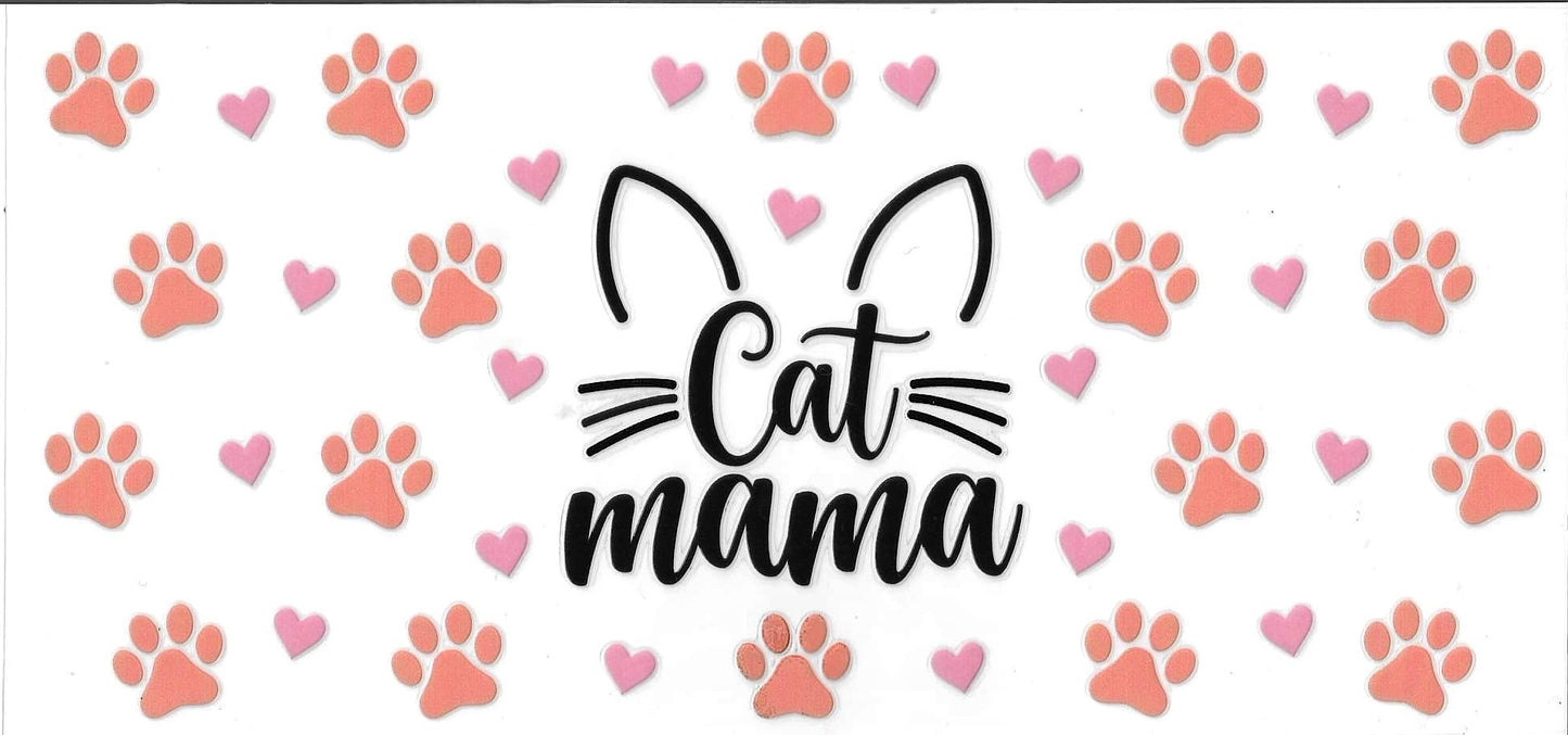 Text 'Cat mama' with paw print and heart pattern on a white background