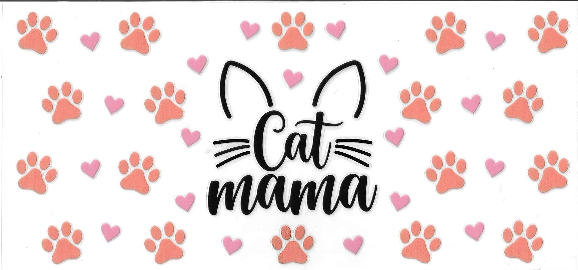 Text 'Cat mama' with paw print and heart pattern on a white background