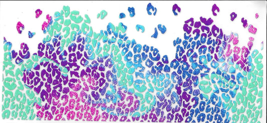 Gradient leopard print pattern transitioning from purple to blue on a white background