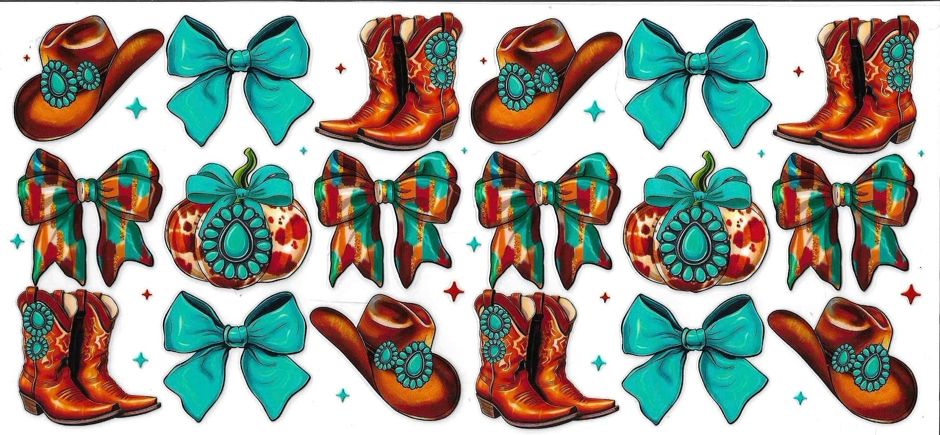 Collection of cowboy boots and bows with decorative elements on a white background