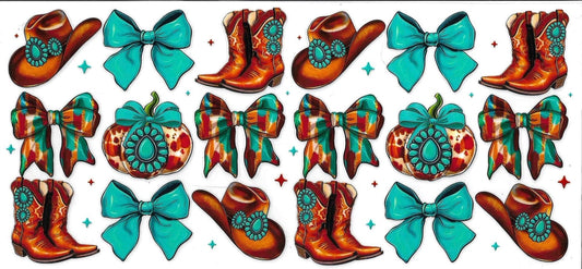 Collection of cowboy boots and bows with decorative elements on a white background