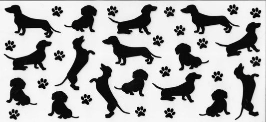 Pattern of black dachshund silhouettes and paw prints on a white background