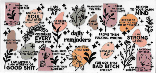 Motivational phrases and floral designs on a white background