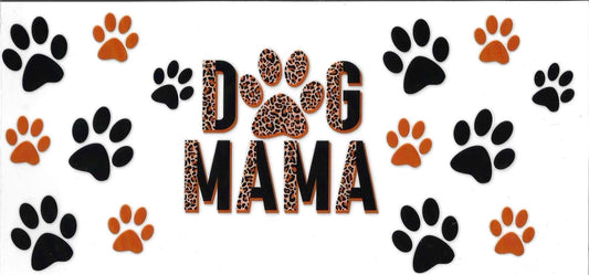 Decorative banner with 'Dog Mama' text surrounded by paw prints on a white background