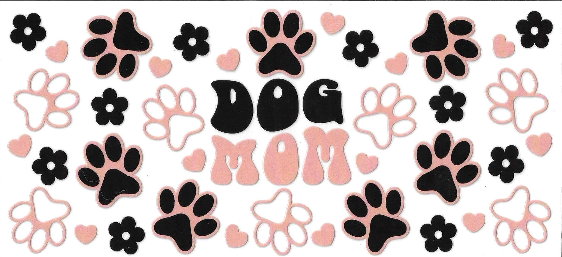Decorative banner with paw prints, flowers, and 'DOG MOM' text on a pink background.