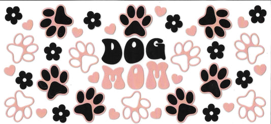 Decorative banner with paw prints, flowers, and 'DOG MOM' text on a pink background.