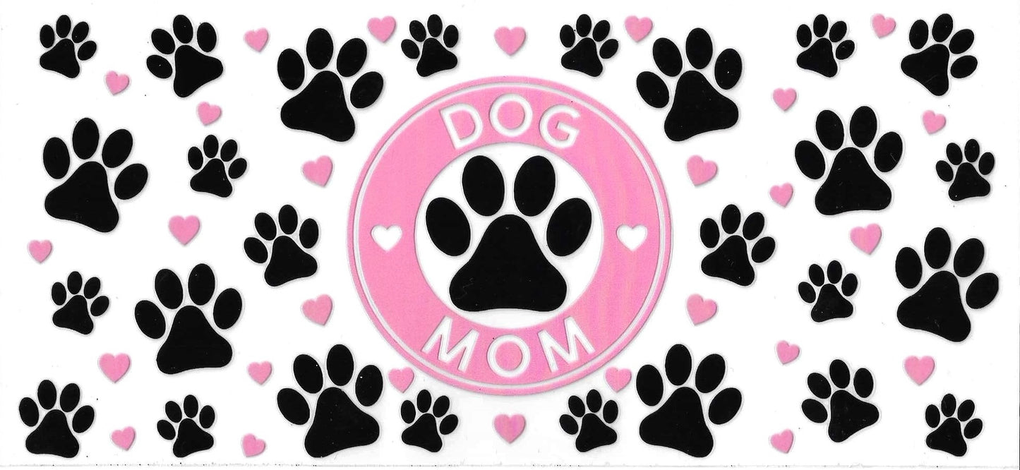 Decorative banner with black paw prints, pink hearts, and a central 'Dog Mom' emblem.