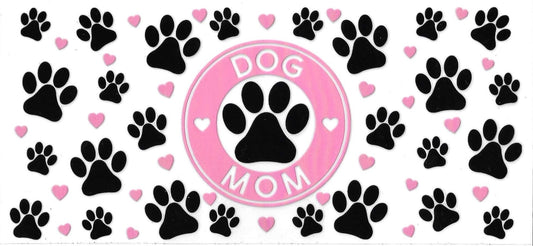 Decorative banner with black paw prints, pink hearts, and a central 'Dog Mom' emblem.