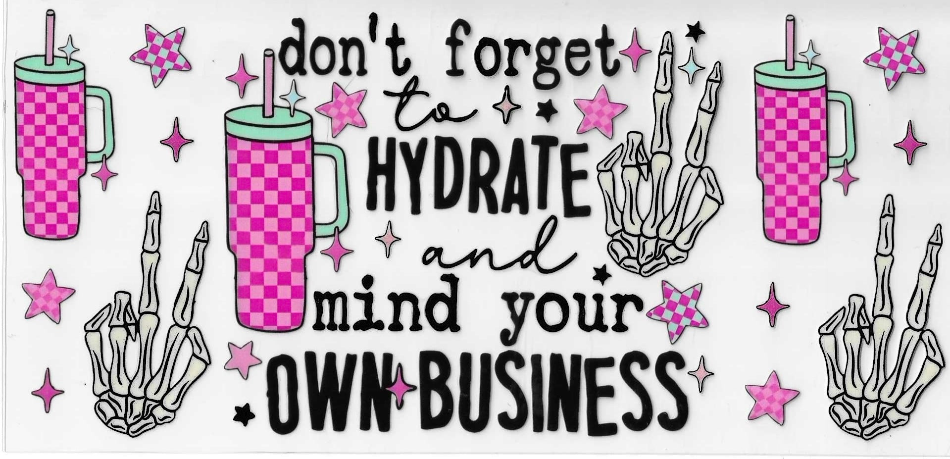 Motivational quote with pink tumblers and crystals on a white background