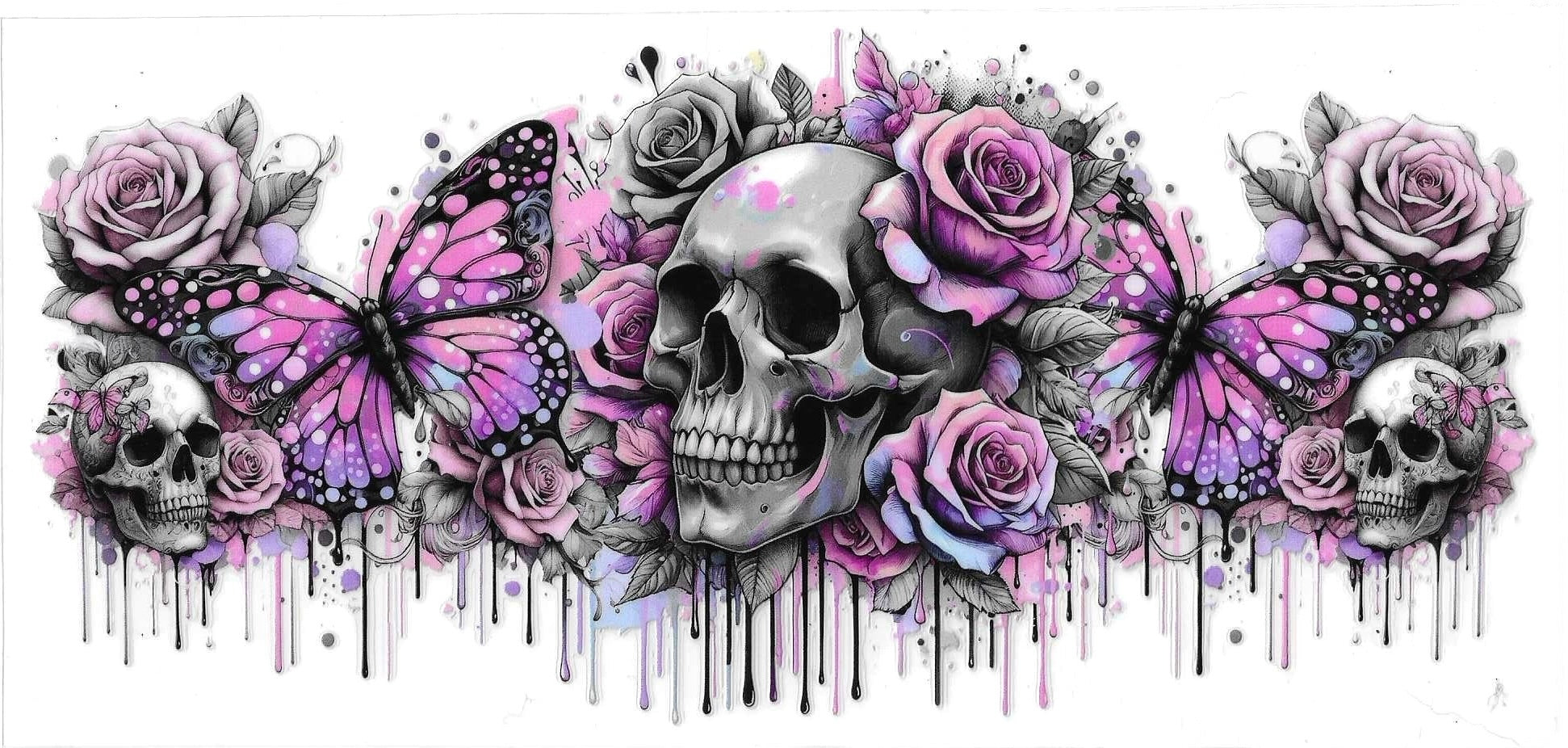Decorative design with skulls, roses, and butterflies in purple and pink on a white background.