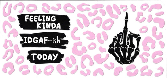 Cartoon hand with middle finger and text 'Feeling kinda IDGAF-ish today' on a pink patterned background