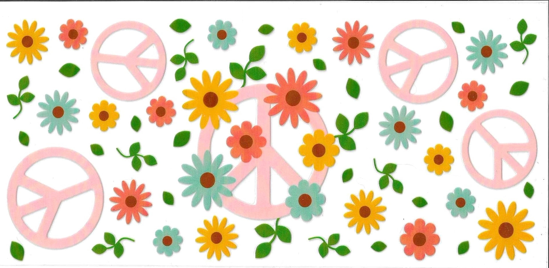 Pattern of peace symbols and flowers on a white background