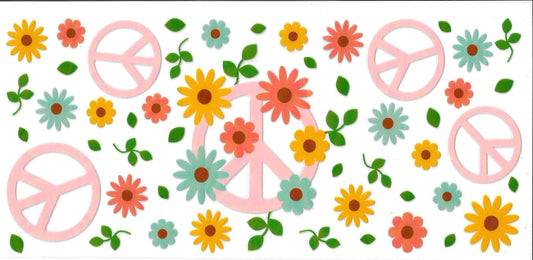 Pattern of peace symbols and flowers on a white background