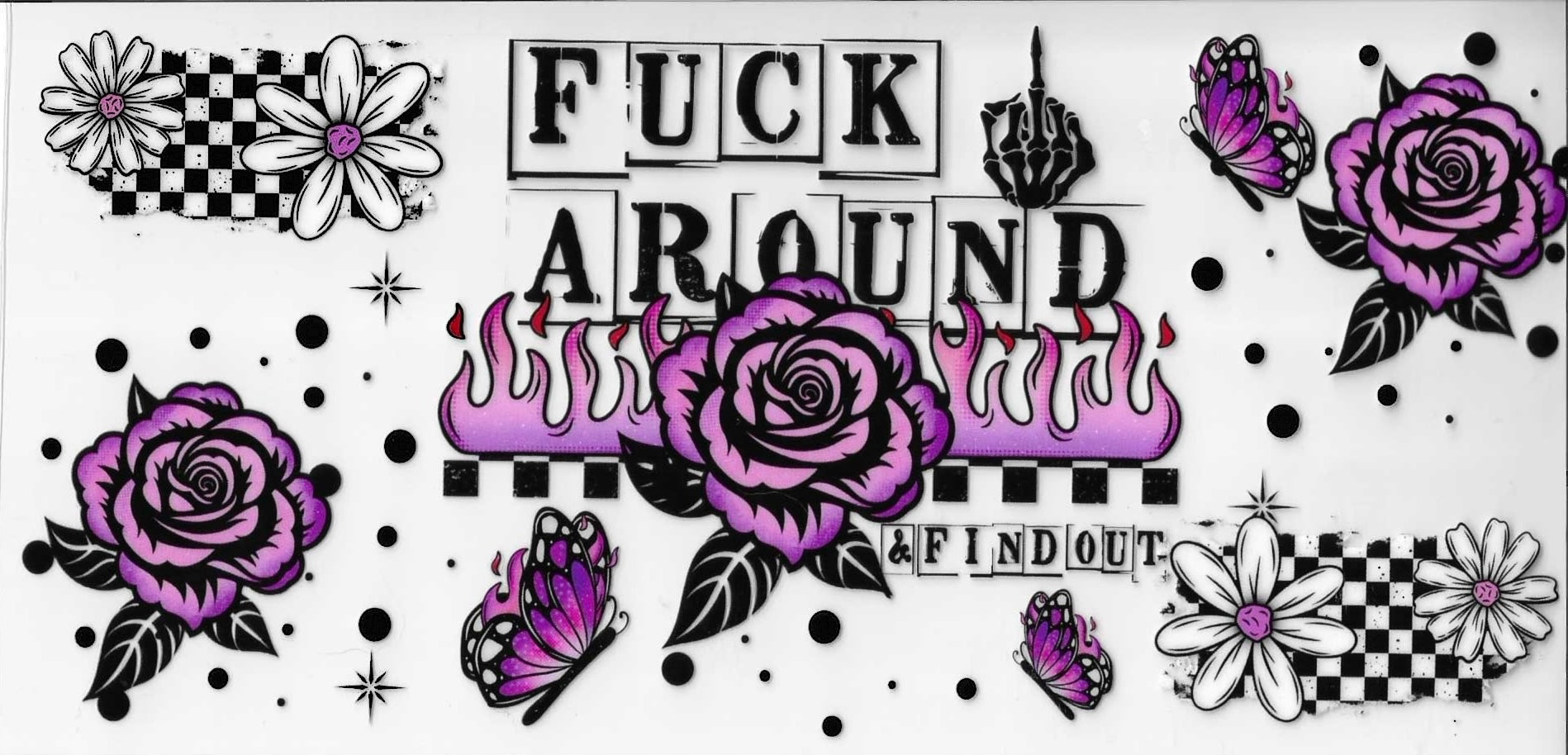 Decorative design with purple roses, checkered patterns, and text on a white background