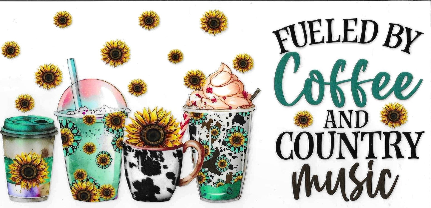 Decorative banner with coffee cups, a sunflower, and text 'Fueled by Coffee and Country Music' on a white background.
