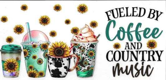 Decorative banner with coffee cups, a sunflower, and text 'Fueled by Coffee and Country Music' on a white background.