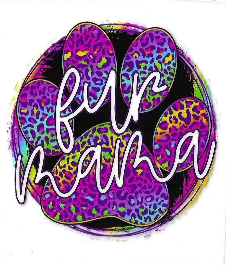Colorful paw print with 'fur mama' text on a white background